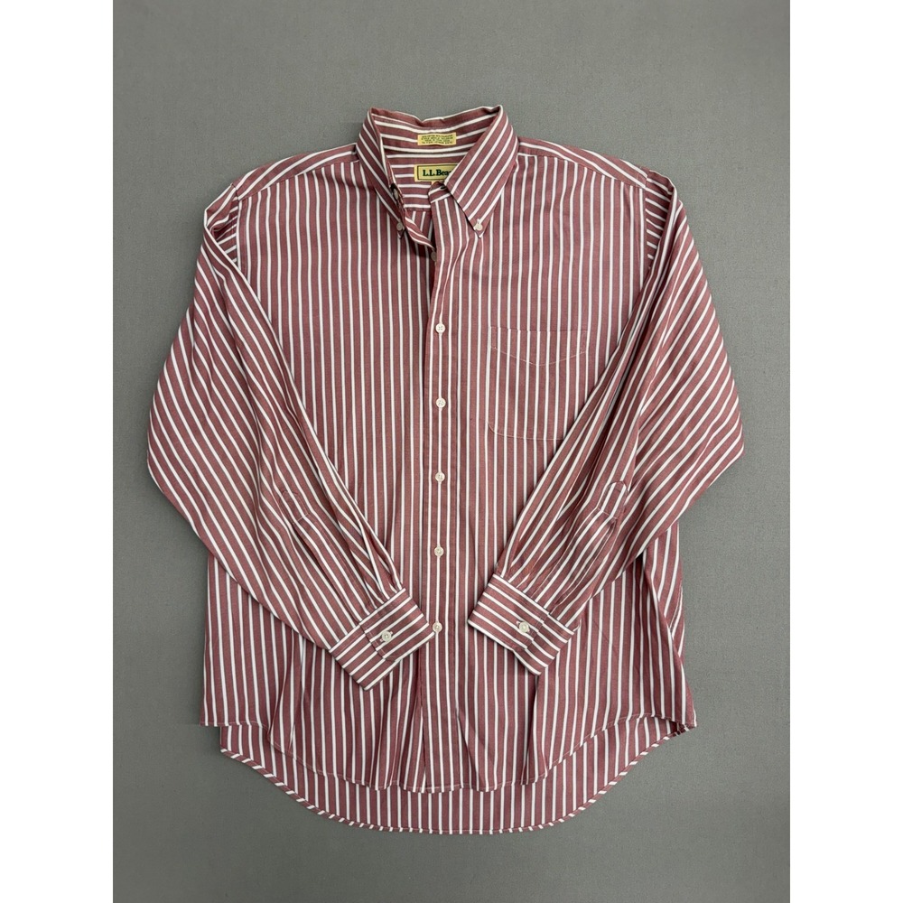 LL Bean Mens Long Sleeve Button Down Shirt Red White Stripe 16.5 x 34 cotton